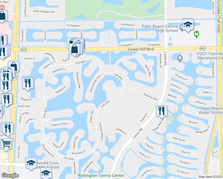 map of restaurants, bars, coffee shops, grocery stores, and more near 9100 Fatio Boulevard in Wellington
