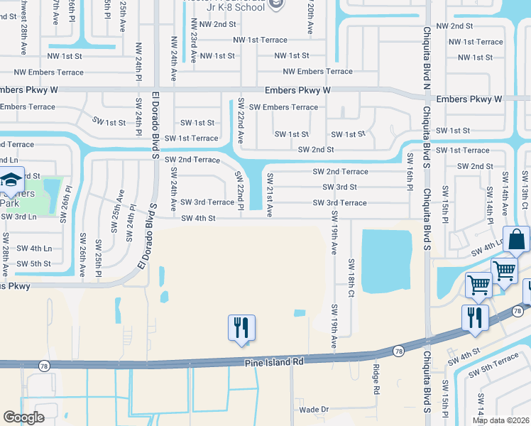 map of restaurants, bars, coffee shops, grocery stores, and more near 314 Southwest 21st Avenue in Cape Coral