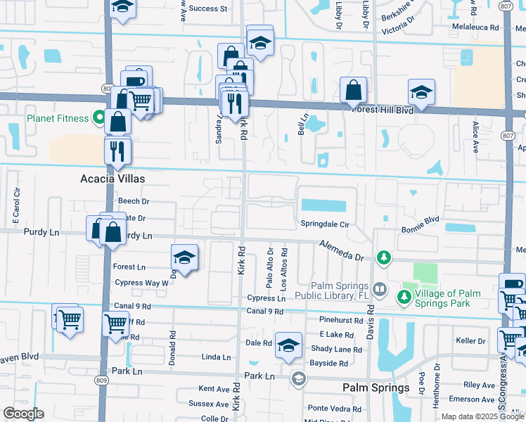 map of restaurants, bars, coffee shops, grocery stores, and more near 2200 Springdale Boulevard in Palm Springs