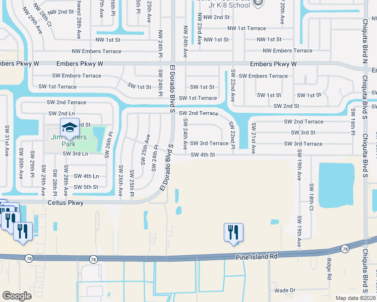 map of restaurants, bars, coffee shops, grocery stores, and more near 302 Southwest 24th Avenue in Cape Coral