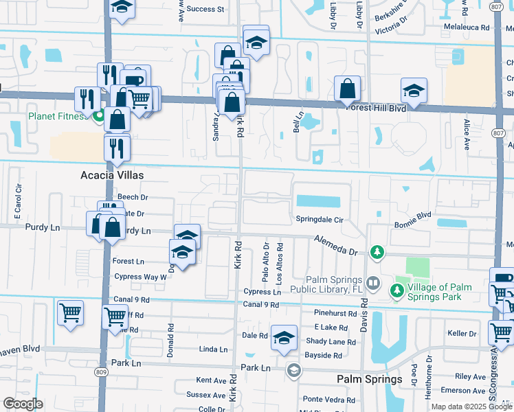 map of restaurants, bars, coffee shops, grocery stores, and more near 2050 Springdale Boulevard in Palm Springs