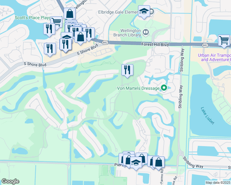 map of restaurants, bars, coffee shops, grocery stores, and more near 2379 Windsor Way Court in Wellington