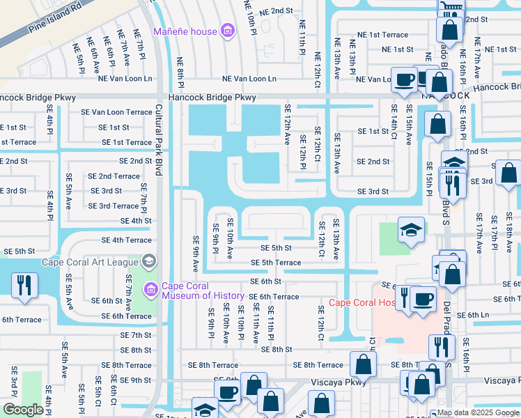 map of restaurants, bars, coffee shops, grocery stores, and more near 1027 Southeast 4th Street in Cape Coral