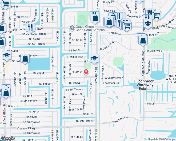 map of restaurants, bars, coffee shops, grocery stores, and more near 325 Southeast 23rd Avenue in Cape Coral