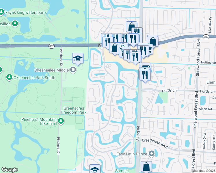 map of restaurants, bars, coffee shops, grocery stores, and more near 119 Hammocks Court in Greenacres