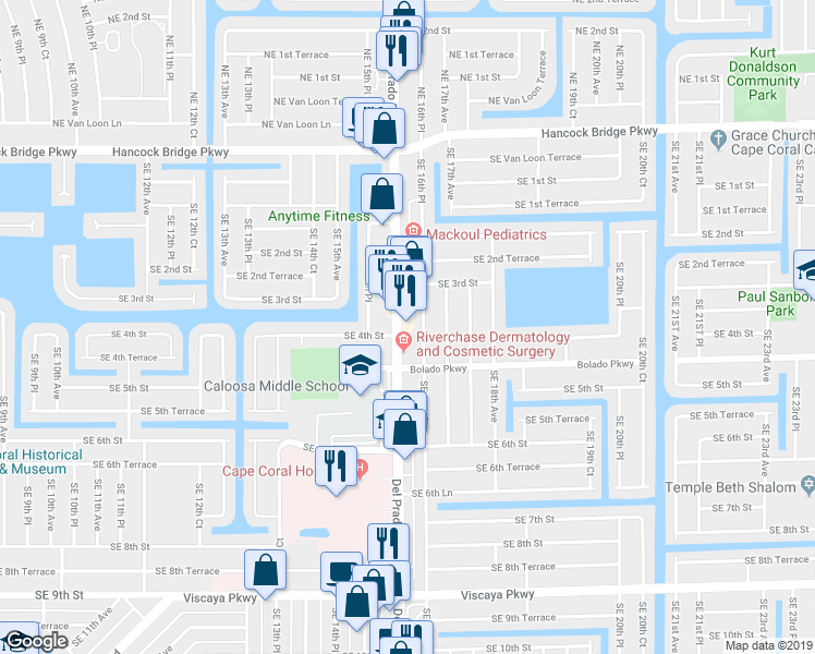 map of restaurants, bars, coffee shops, grocery stores, and more near 311 Del Prado Boulevard South in Cape Coral