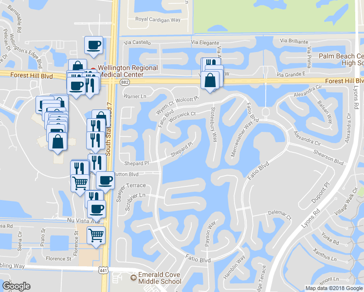 map of restaurants, bars, coffee shops, grocery stores, and more near 9607 Shepard Place in Wellington