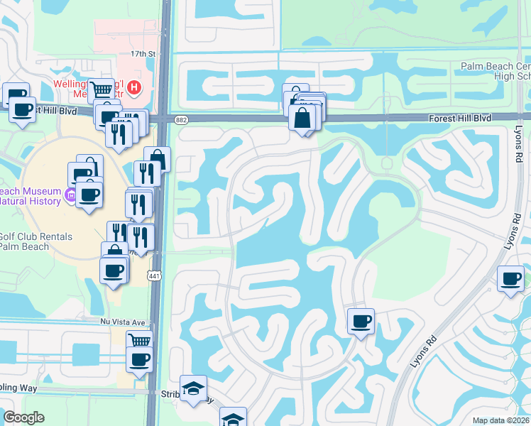 map of restaurants, bars, coffee shops, grocery stores, and more near 9615 Shepard Place in Wellington