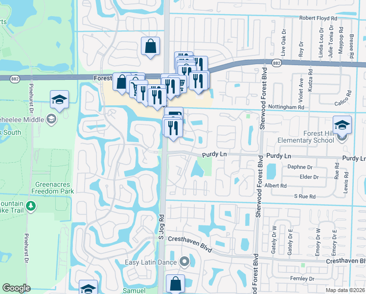 map of restaurants, bars, coffee shops, grocery stores, and more near 2244 White Pine Circle in Greenacres