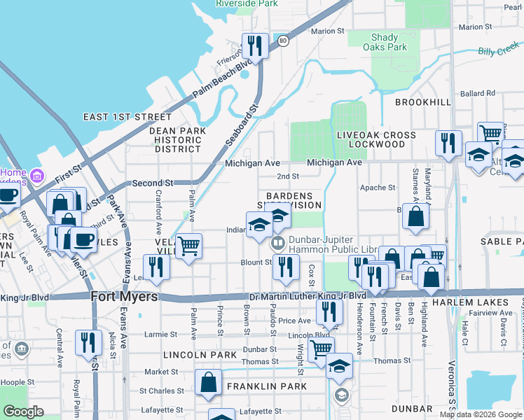 map of restaurants, bars, coffee shops, grocery stores, and more near 3005 Mango Street in Fort Myers