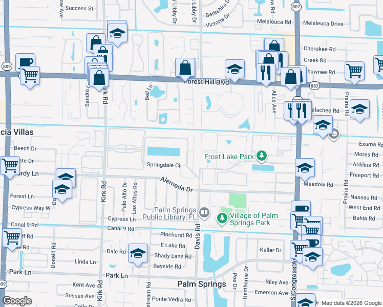 map of restaurants, bars, coffee shops, grocery stores, and more near 464 Springdale Circle in Palm Springs