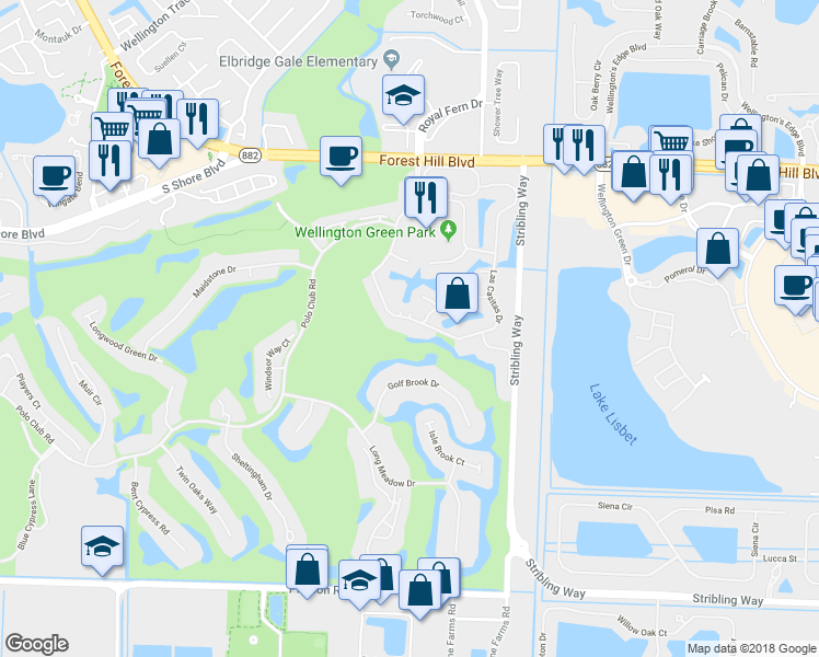 map of restaurants, bars, coffee shops, grocery stores, and more near 11815 Pebblewood Drive in Wellington