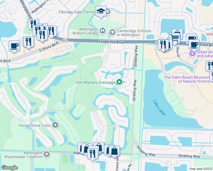 map of restaurants, bars, coffee shops, grocery stores, and more near 11821 Pebblewood Drive in Wellington