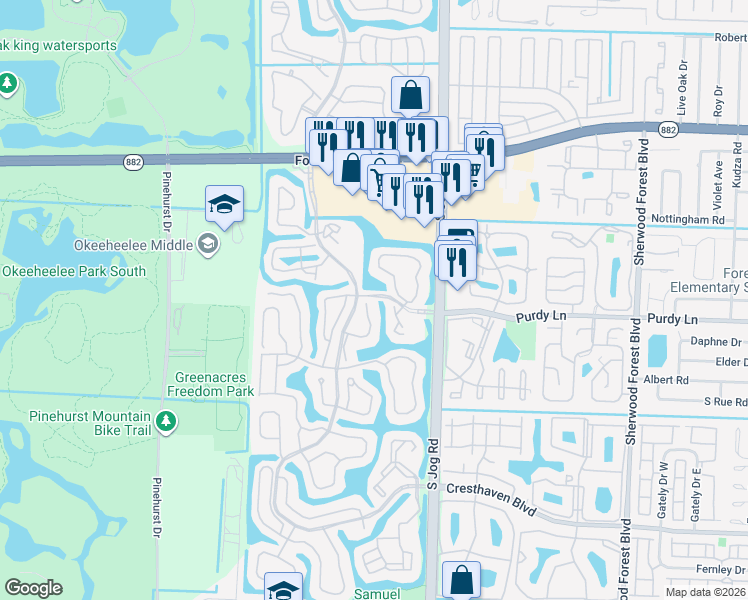 map of restaurants, bars, coffee shops, grocery stores, and more near 600 Crosswinds Drive in Greenacres