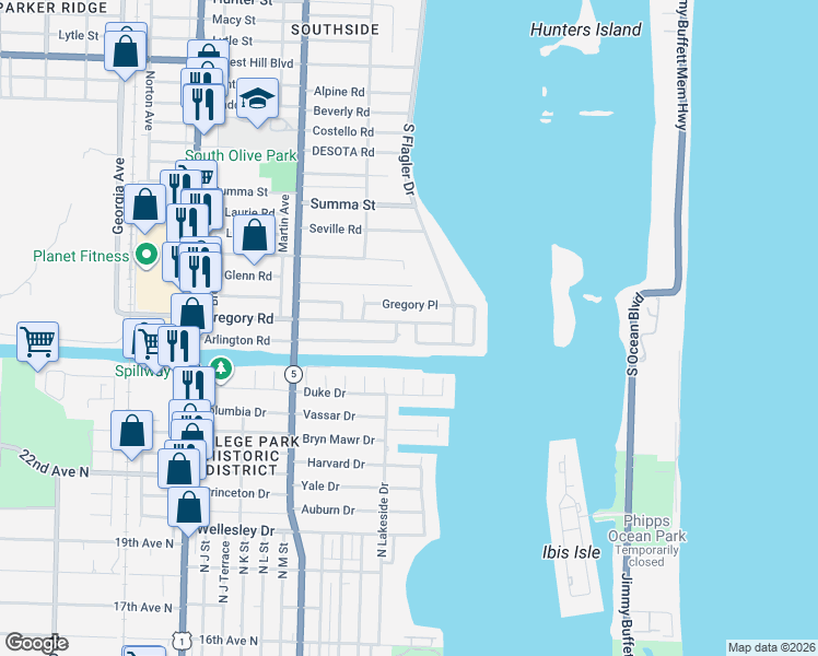 map of restaurants, bars, coffee shops, grocery stores, and more near 121 Gregory Road in West Palm Beach