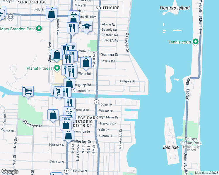 map of restaurants, bars, coffee shops, grocery stores, and more near 209 Gregory Road in West Palm Beach