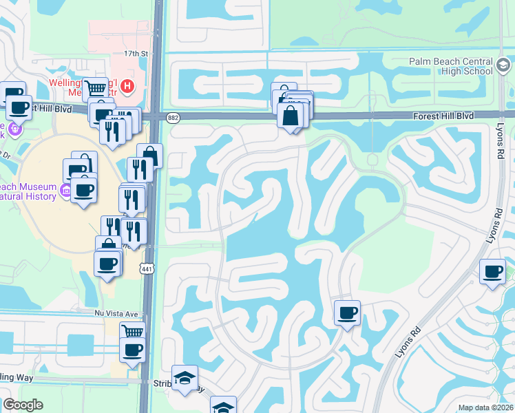 map of restaurants, bars, coffee shops, grocery stores, and more near 9607 Shepard Place in Wellington
