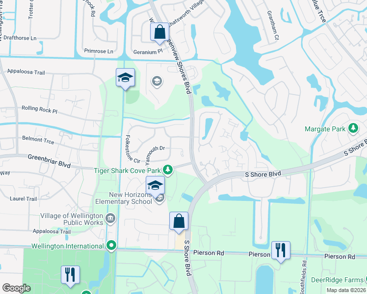 map of restaurants, bars, coffee shops, grocery stores, and more near 13675 Yarmouth Court in Wellington