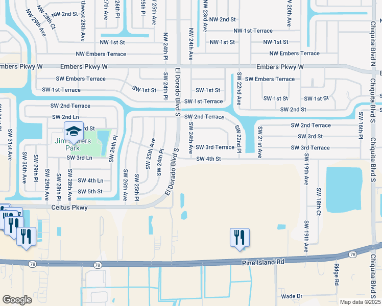 map of restaurants, bars, coffee shops, grocery stores, and more near 302 Southwest 24th Avenue in Cape Coral