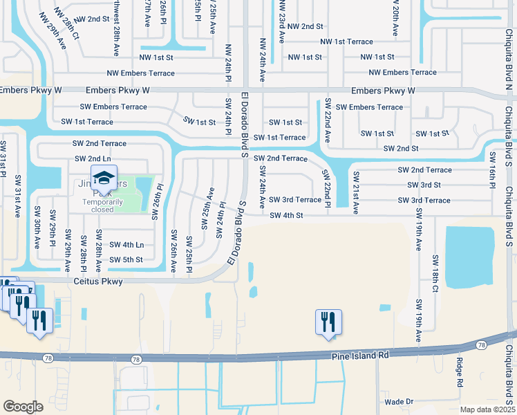 map of restaurants, bars, coffee shops, grocery stores, and more near 302 Southwest 24th Avenue in Cape Coral