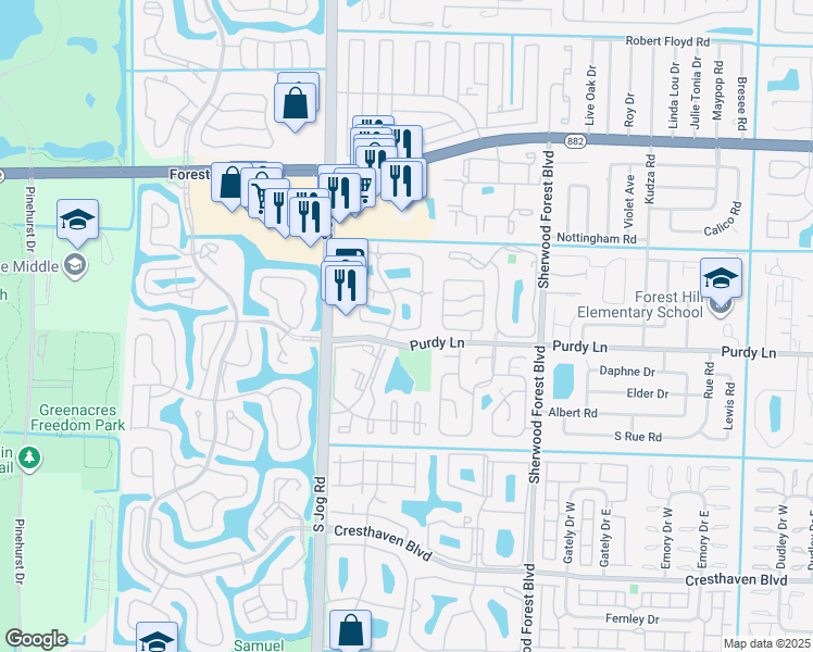 map of restaurants, bars, coffee shops, grocery stores, and more near 2221 White Pine Circle in Greenacres