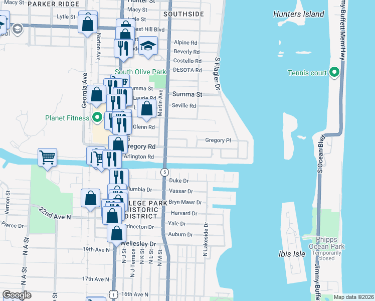 map of restaurants, bars, coffee shops, grocery stores, and more near 209 Gregory Road in West Palm Beach