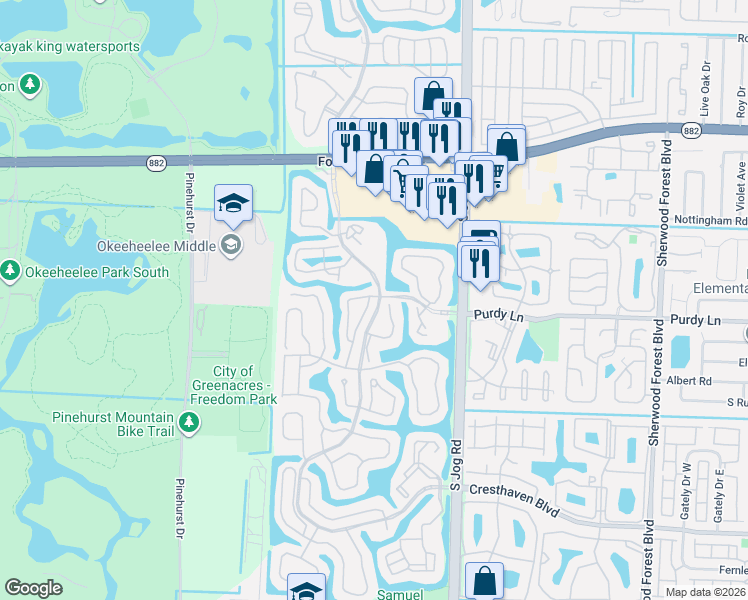 map of restaurants, bars, coffee shops, grocery stores, and more near 102 Hammocks Drive in Greenacres
