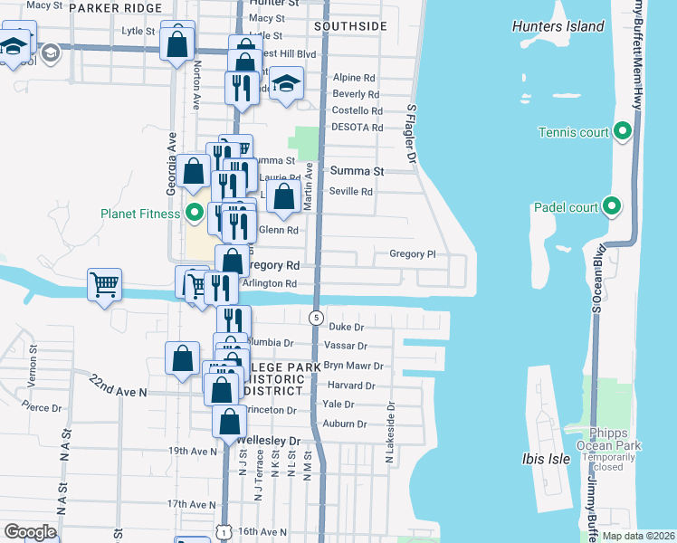 map of restaurants, bars, coffee shops, grocery stores, and more near 249 Gregory Road in West Palm Beach