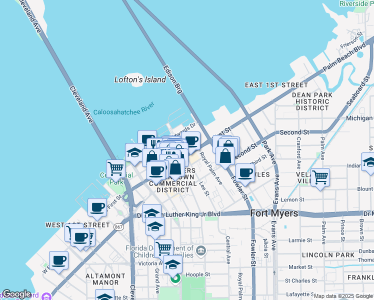 map of restaurants, bars, coffee shops, grocery stores, and more near 1375 Jackson Street in Fort Myers