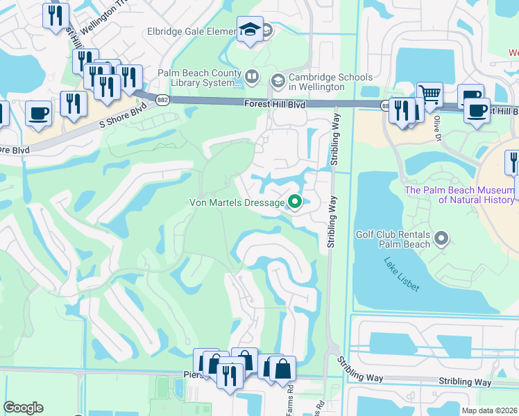 map of restaurants, bars, coffee shops, grocery stores, and more near 11837 Pebblewood Drive in Wellington