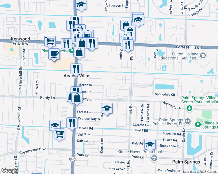 map of restaurants, bars, coffee shops, grocery stores, and more near 273 Woodland Road in Palm Springs