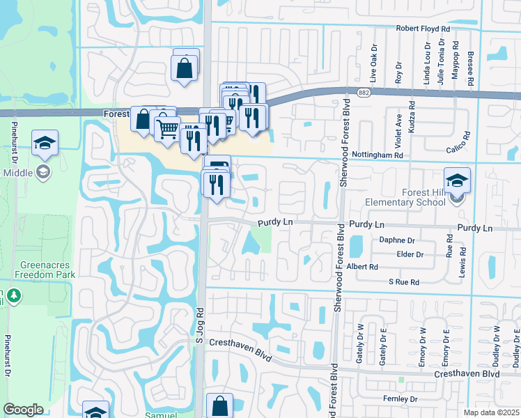 map of restaurants, bars, coffee shops, grocery stores, and more near 60c White Pine Circle in Greenacres