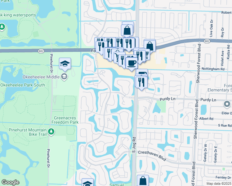 map of restaurants, bars, coffee shops, grocery stores, and more near 1055 Island Manor Drive in Greenacres