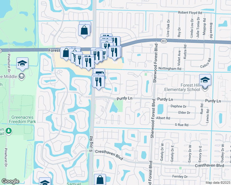 map of restaurants, bars, coffee shops, grocery stores, and more near 60c White Pine Circle in Greenacres