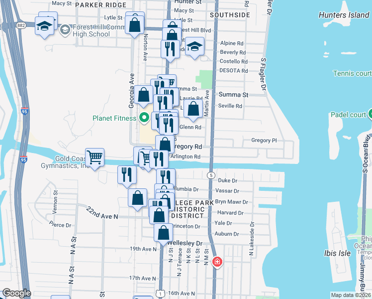 map of restaurants, bars, coffee shops, grocery stores, and more near 362 Gregory Road in West Palm Beach