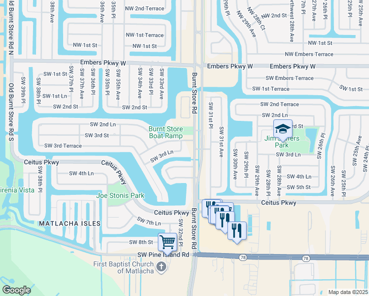 map of restaurants, bars, coffee shops, grocery stores, and more near 307 Southwest 32nd Place in Cape Coral