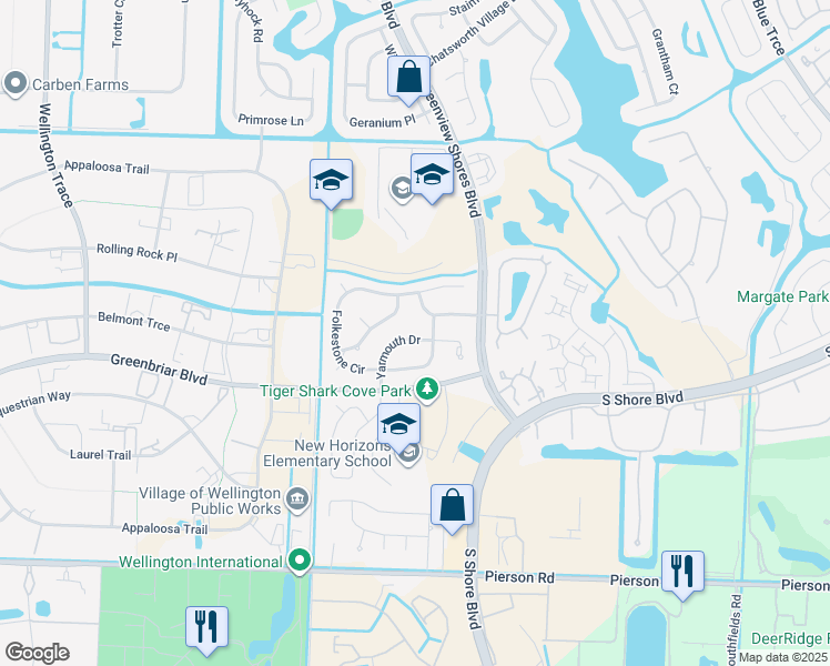 map of restaurants, bars, coffee shops, grocery stores, and more near 13733 Yarmouth Drive in Wellington