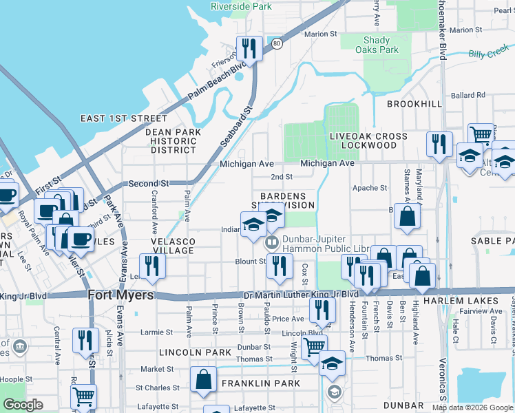 map of restaurants, bars, coffee shops, grocery stores, and more near 3012 Guava Street in Fort Myers