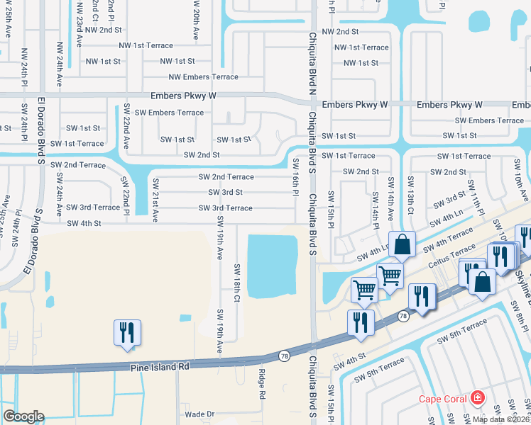 map of restaurants, bars, coffee shops, grocery stores, and more near 1700 Southwest 3rd Terrace in Cape Coral