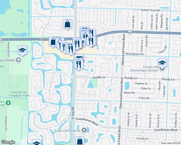 map of restaurants, bars, coffee shops, grocery stores, and more near 2227 White Pine Circle in Greenacres