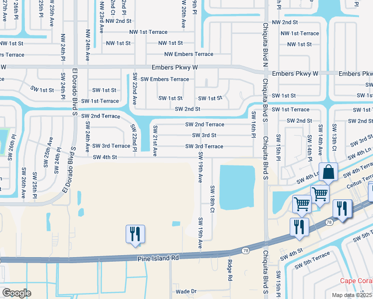 map of restaurants, bars, coffee shops, grocery stores, and more near 1916 Southwest 3rd Terrace in Cape Coral