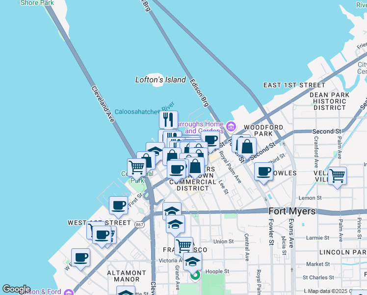 map of restaurants, bars, coffee shops, grocery stores, and more near 2254 Edwards Drive in Fort Myers