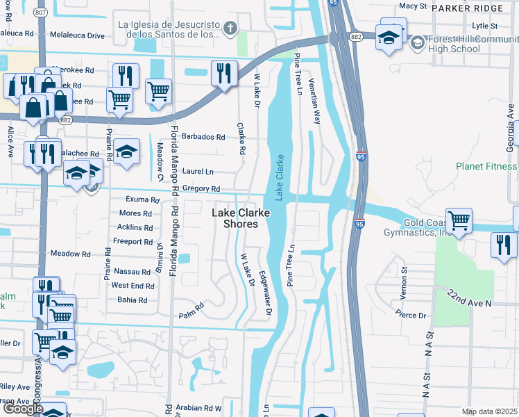 map of restaurants, bars, coffee shops, grocery stores, and more near 7518 Edgewater Circle in West Palm Beach