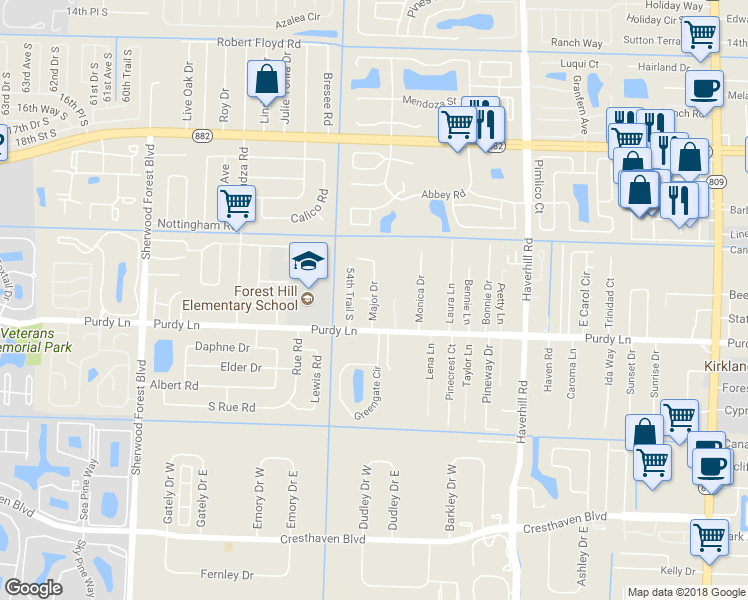 map of restaurants, bars, coffee shops, grocery stores, and more near 2125 Major Drive in West Palm Beach