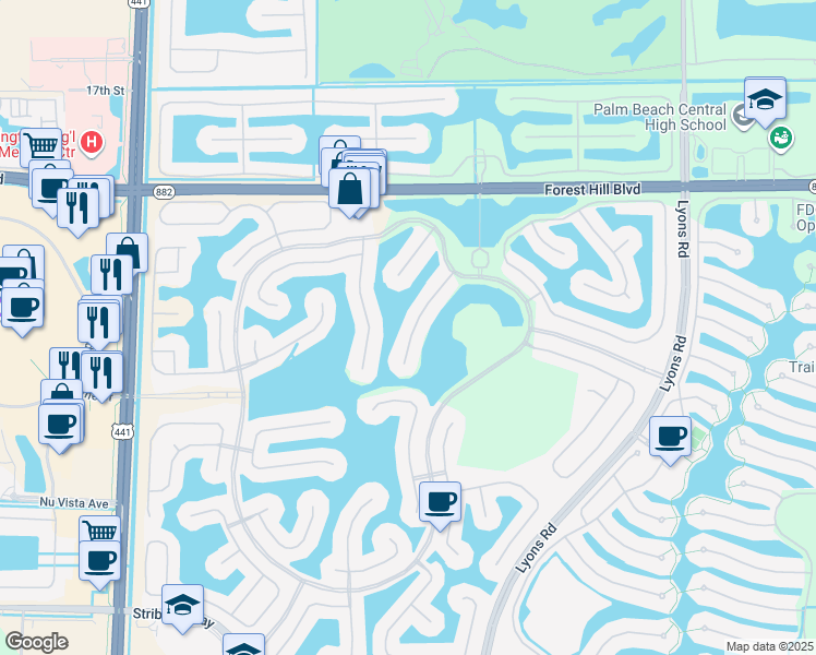 map of restaurants, bars, coffee shops, grocery stores, and more near 2321 Merriweather Way in Wellington