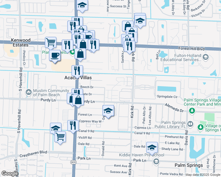 map of restaurants, bars, coffee shops, grocery stores, and more near 274 Woodland Road in Palm Springs
