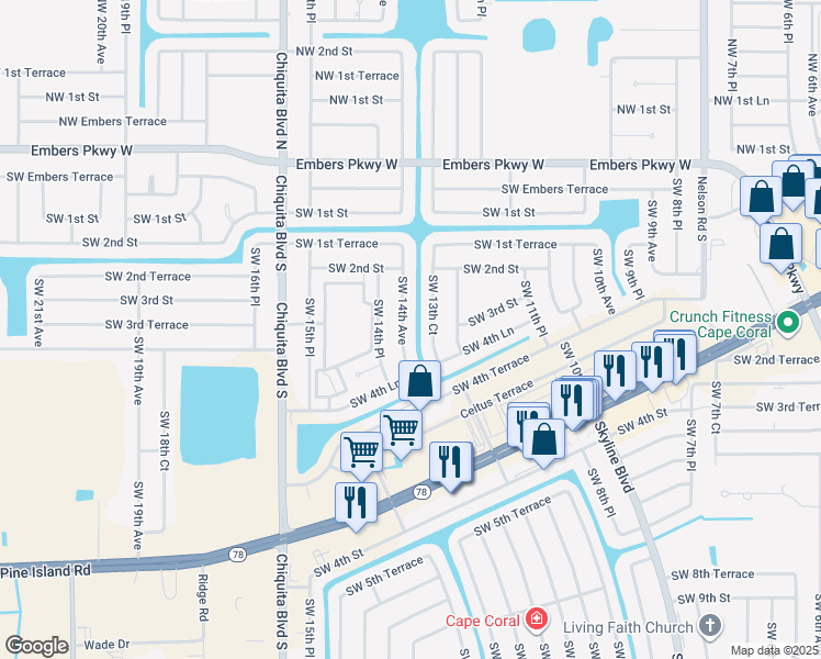 map of restaurants, bars, coffee shops, grocery stores, and more near 301 Southwest 14th Avenue in Cape Coral