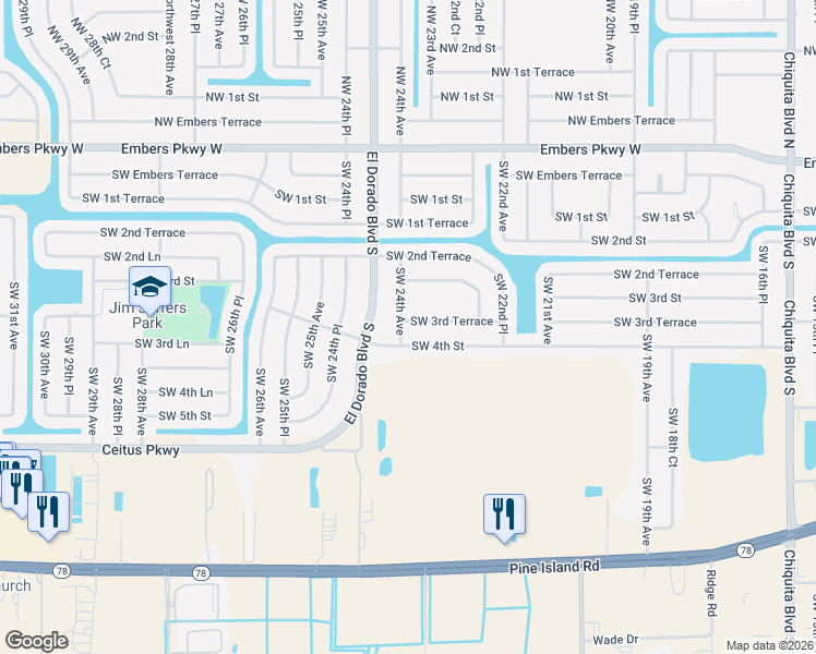 map of restaurants, bars, coffee shops, grocery stores, and more near 2258 Southwest 3rd Terrace in Cape Coral