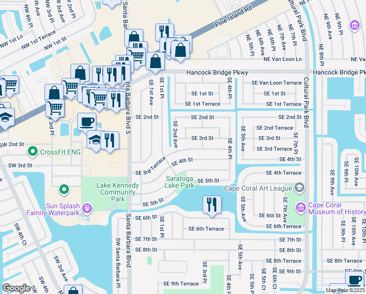 map of restaurants, bars, coffee shops, grocery stores, and more near 217 Southeast 3rd Terrace in Cape Coral
