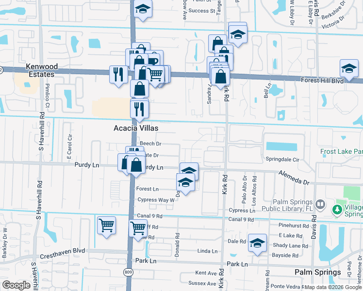 map of restaurants, bars, coffee shops, grocery stores, and more near 274 Woodland Road in Palm Springs